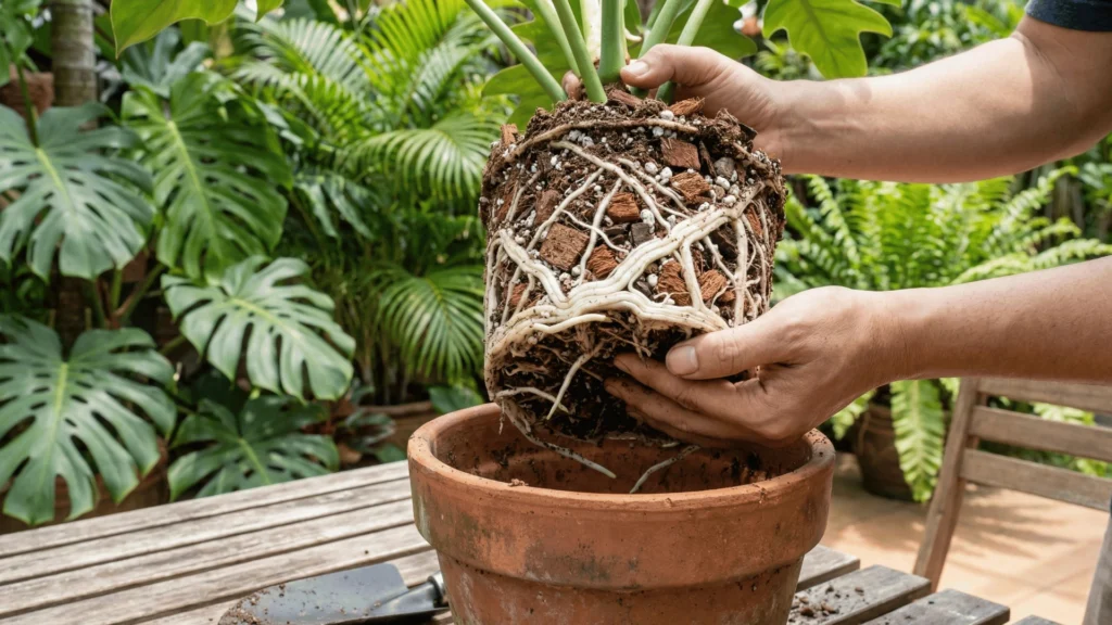 Akar sihat hasil penggunaan tanah pokok hiasan yang betul.