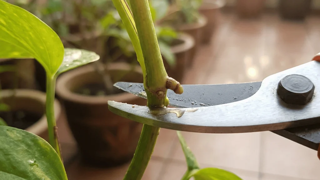 Tutorial cara biak money plant dengan teknik memotong bahagian node menggunakan gunting kebun yang tajam dan bersih.