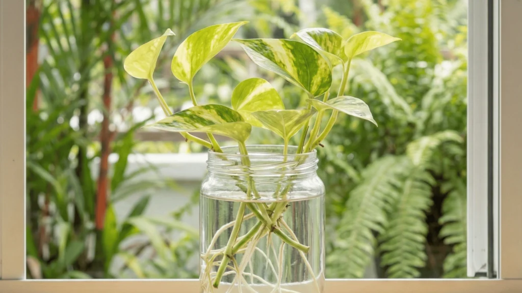 Akar putih mula tumbuh pada keratan batang dalam air sebagai langkah awal cara biak money plant yang berkesan.