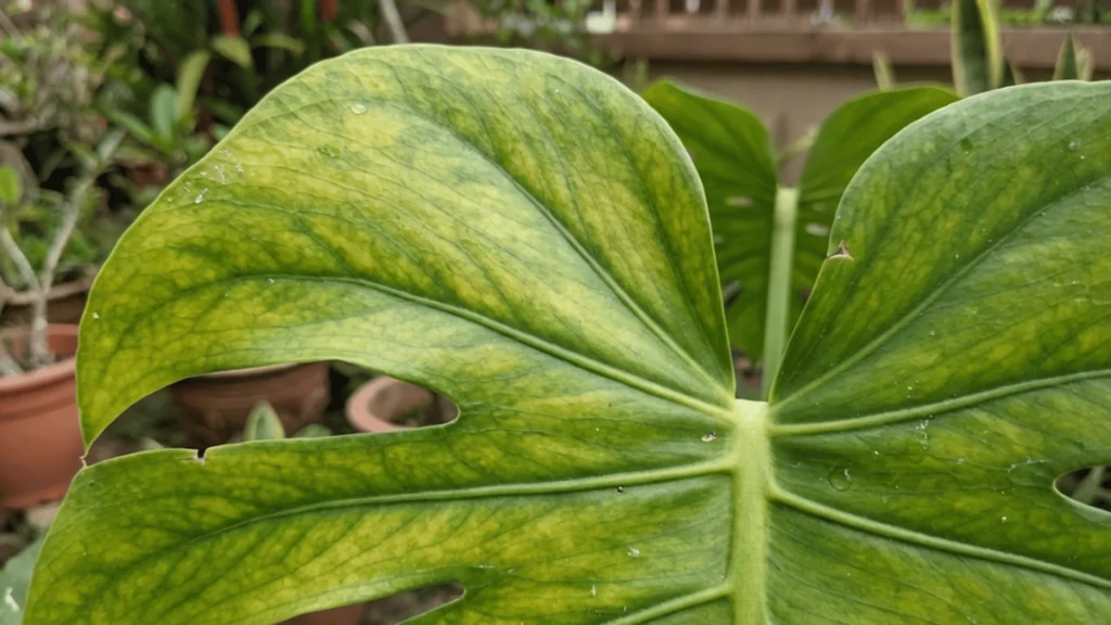 Gambar jarak dekat menunjukkan punca daun pokok jadi kuning akibat kekurangan nutrien pada urat daun.