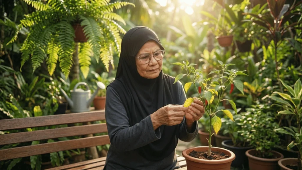 Kak Sham sedang memeriksa punca daun pokok jadi kuning untuk memberi rawatan yang betul.