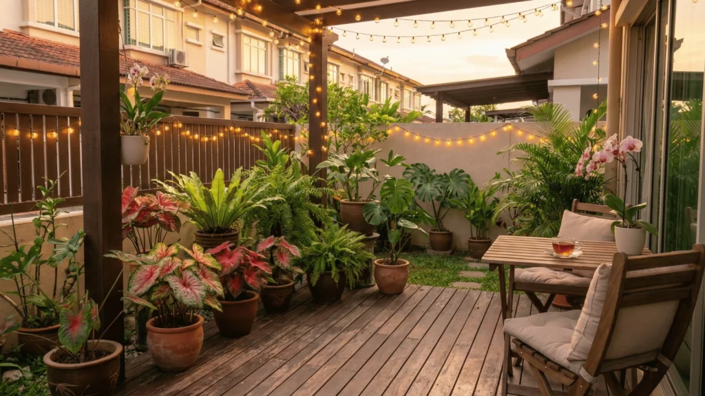 Inspirasi laman rumah yang tenang dengan pelbagai pokok hiasan dalam pasu.