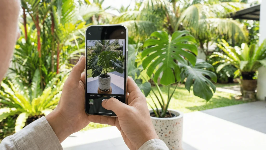 Seseorang sedang mengambil gambar inspirasi laman rumah untuk dikongsikan kepada komuniti.