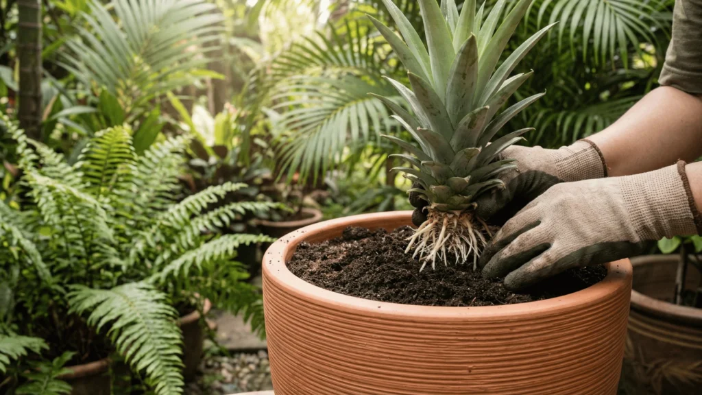 Langkah berkebun lestari dengan menanam semula jambul nanas ke dalam tanah.