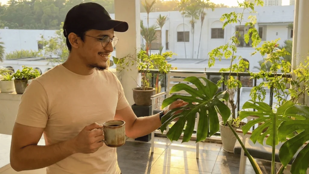 Rutin penjagaan pokok di waktu pagi oleh pengasas Pokok Co. untuk memastikan kesihatan daun.